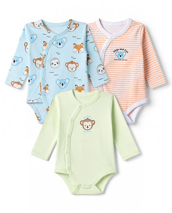 Babyhug 100% Cotton Interlock Knit Full Sleeves Onesie With Animal Print Pack of 3 - Pink & Blue
