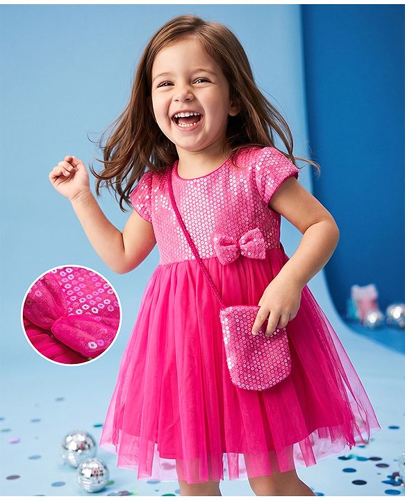 Babyhug Mesh Woven Cap Sleeves Party Dress With Sequin Detailing & Sling Bag - Dark Pink