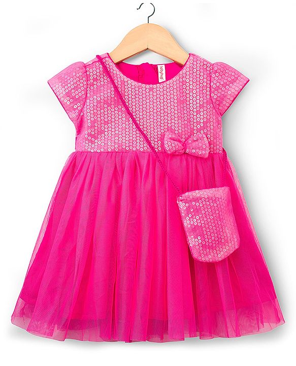 Babyhug Mesh Woven Cap Sleeves Party Dress With Sequin Detailing & Sling Bag - Dark Pink