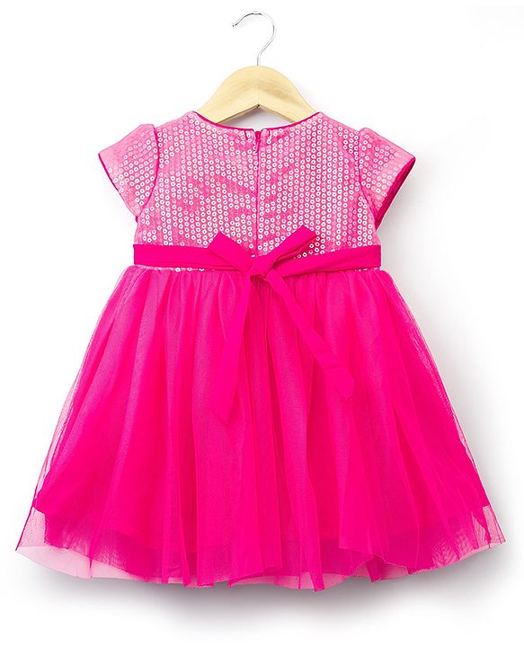 Babyhug Mesh Woven Cap Sleeves Party Dress With Sequin Detailing & Sling Bag - Dark Pink