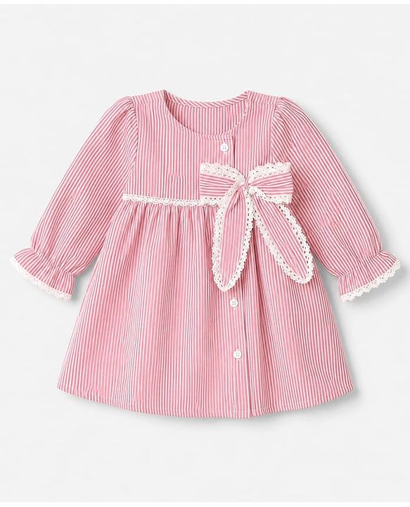 Babyhug Cotton Woven One Piece Dress with Full Sleeves and Striped Print - Pink