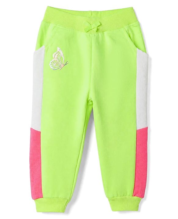 Babyhug 100% Cotton Looper Knit Lounge Pant with Full Length and Butterfly Embroidery in Lime Green