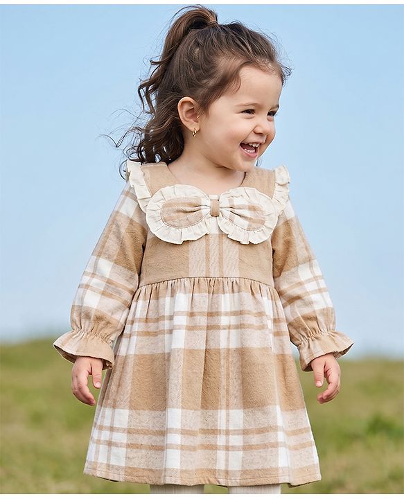 Babyhug Cotton Woven Full Sleeves Frock With Tartan Plaid Print in White