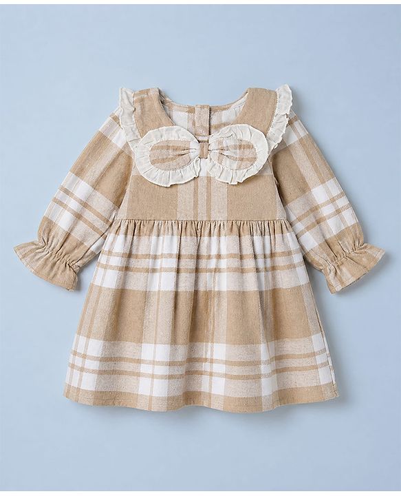 Babyhug Cotton Woven Full Sleeves Frock With Tartan Plaid Print in White