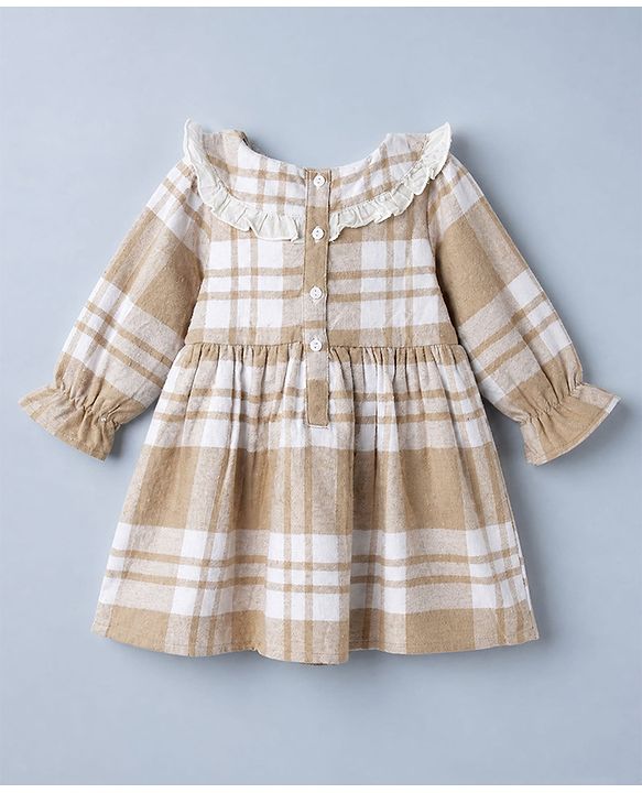 Babyhug Cotton Woven Full Sleeves Frock With Tartan Plaid Print in White