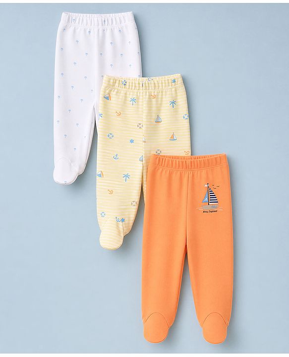 Babyhug 100% Cotton Knit Striped Nautical & Beach Theme Printed Bootie Leggings Pack Of 3 - Orange Yellow & White