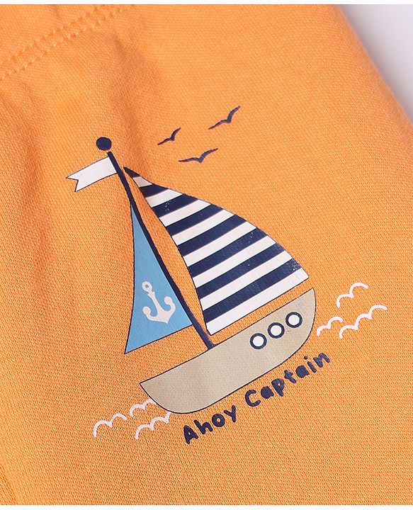 Babyhug 100% Cotton Knit Striped Nautical & Beach Theme Printed Bootie Leggings Pack Of 3 - Orange Yellow & White