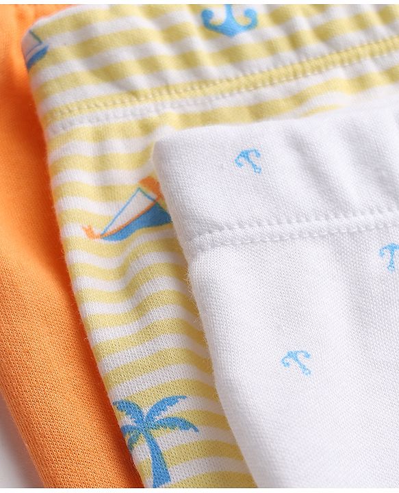 Babyhug 100% Cotton Knit Striped Nautical & Beach Theme Printed Bootie Leggings Pack Of 3 - Orange Yellow & White