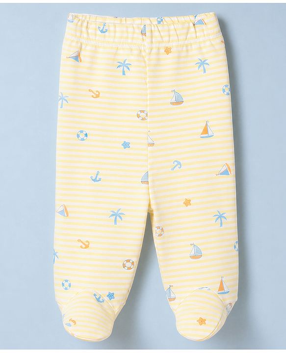 Babyhug 100% Cotton Knit Striped Nautical & Beach Theme Printed Bootie Leggings Pack Of 3 - Orange Yellow & White