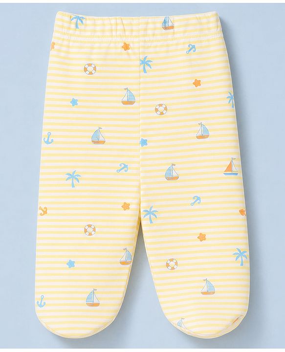 Babyhug 100% Cotton Knit Striped Nautical & Beach Theme Printed Bootie Leggings Pack Of 3 - Orange Yellow & White