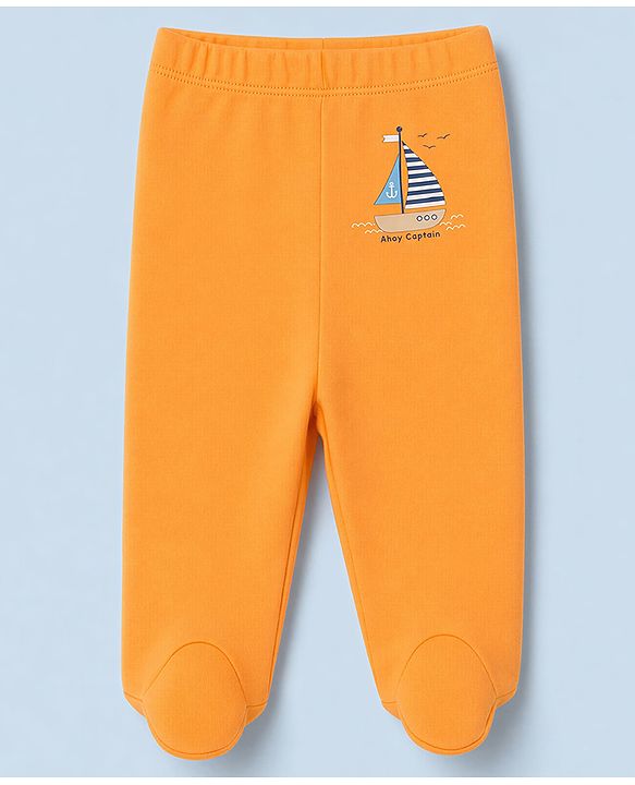 Babyhug 100% Cotton Knit Striped Nautical & Beach Theme Printed Bootie Leggings Pack Of 3 - Orange Yellow & White