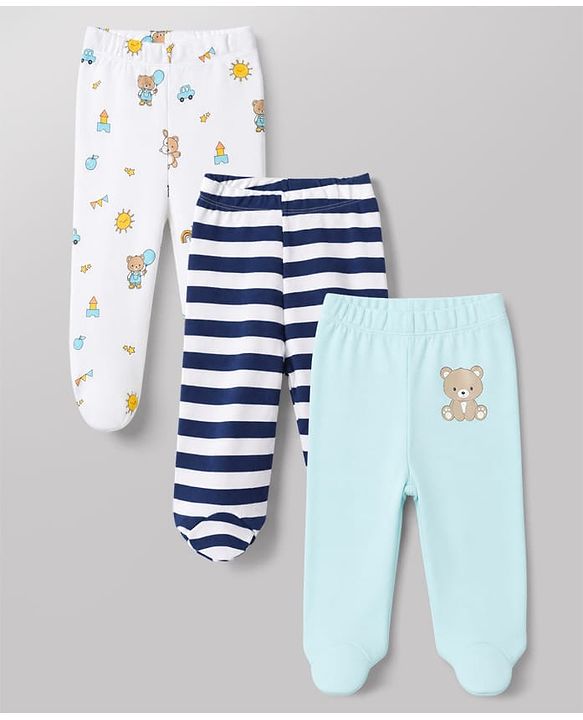 Babyhug 100% Cotton Knit Full Length Striped Bootie Leggings With Bear Print Pack of 3 - Blue, White & Black