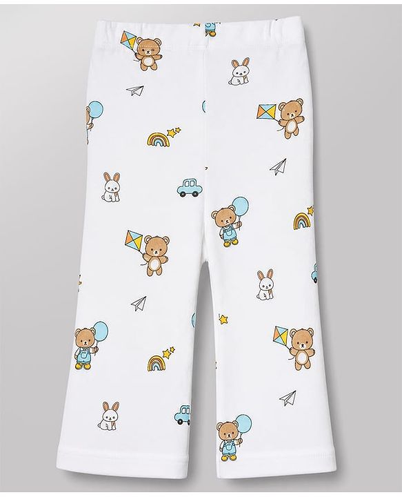 Babyhug 100% Cotton Knit Full Length Striped Bootie Leggings With Bear Print Pack of 3 - Blue, White & Black