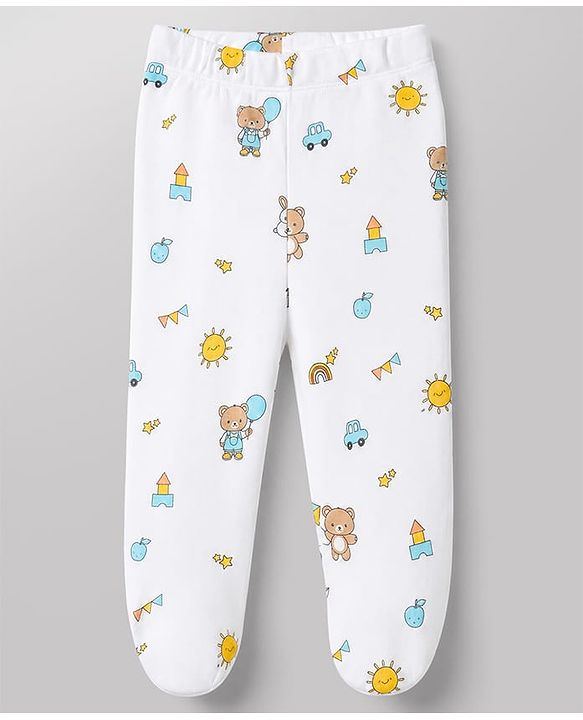 Babyhug 100% Cotton Knit Full Length Striped Bootie Leggings With Bear Print Pack of 3 - Blue, White & Black