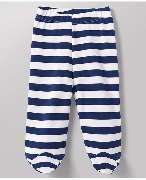 Babyhug 100% Cotton Knit Full Length Striped Bootie Leggings With Bear Print Pack of 3 - Blue, White & Black