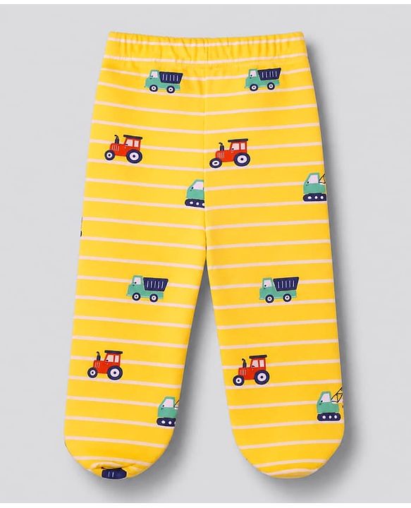 Babyhug 100% Cotton Knit Full Length Striped Bootie Leggings with Vehicle Print Pack of 3 - Yellow Red White