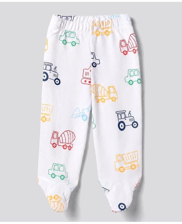 Babyhug 100% Cotton Knit Full Length Striped Bootie Leggings with Vehicle Print Pack of 3 - Yellow Red White