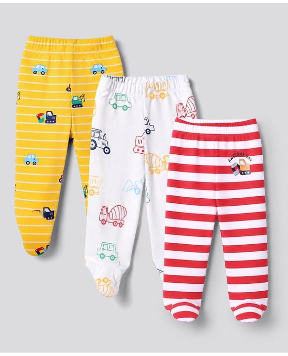 Babyhug 100% Cotton Knit Full Length Striped Bootie Leggings with Vehicle Print Pack of 3 - Yellow Red White