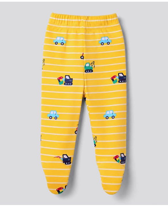 Babyhug 100% Cotton Knit Full Length Striped Bootie Leggings with Vehicle Print Pack of 3 - Yellow Red White