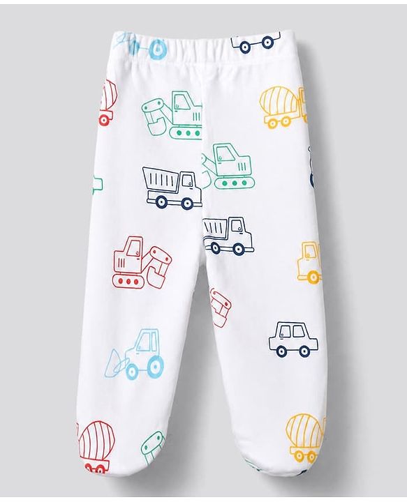 Babyhug 100% Cotton Knit Full Length Striped Bootie Leggings with Vehicle Print Pack of 3 - Yellow Red White