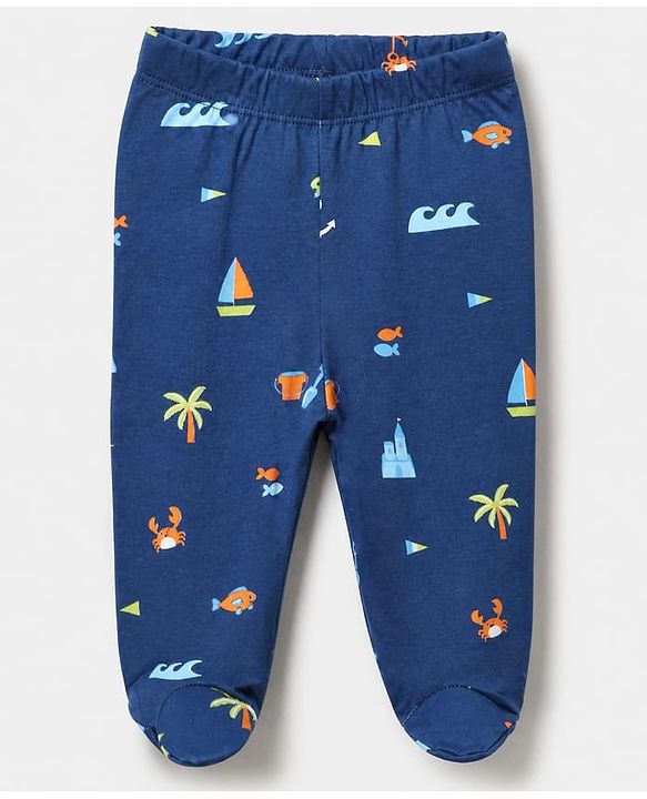 Babyhug Cotton Knit Striped Bootie Leggings With Boat Print Pack of 3 - Navy Blue, Limegreen & Light Blue