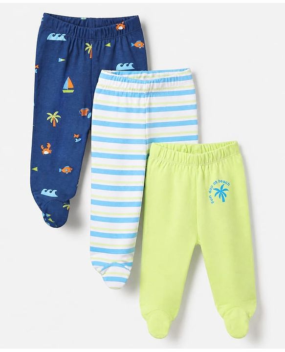 Babyhug Cotton Knit Striped Bootie Leggings With Boat Print Pack of 3 - Navy Blue, Limegreen & Light Blue