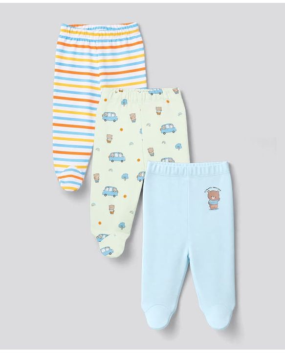 Babyhug 100% Cotton Knit Striped & Bear Printed Bootie Leggings Pack Of 3 - Light Blue White & Orange