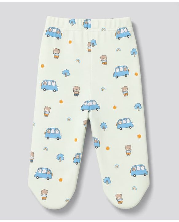 Babyhug 100% Cotton Knit Striped & Bear Printed Bootie Leggings Pack Of 3 - Light Blue White & Orange