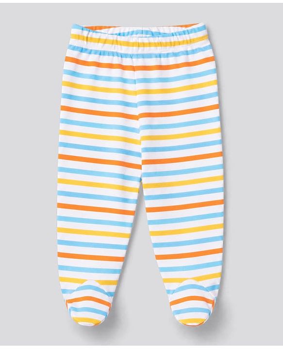 Babyhug 100% Cotton Knit Striped & Bear Printed Bootie Leggings Pack Of 3 - Light Blue White & Orange