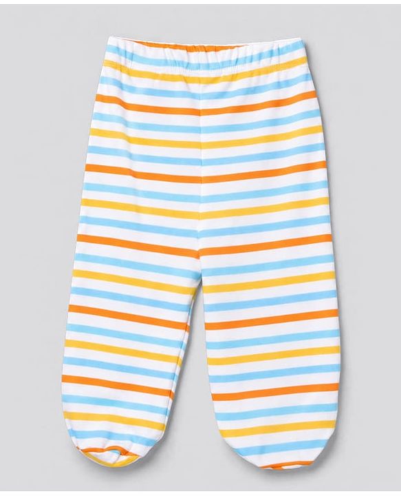 Babyhug 100% Cotton Knit Striped & Bear Printed Bootie Leggings Pack Of 3 - Light Blue White & Orange