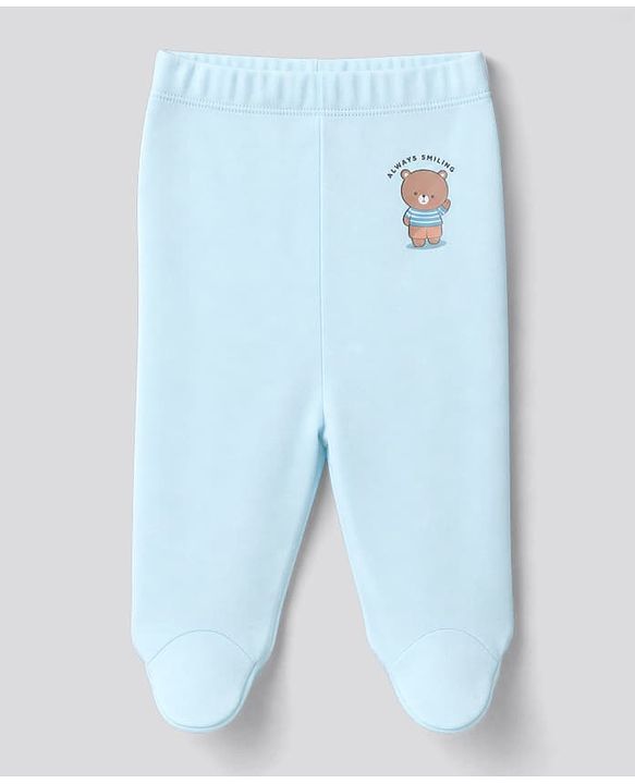Babyhug 100% Cotton Knit Striped & Bear Printed Bootie Leggings Pack Of 3 - Light Blue White & Orange