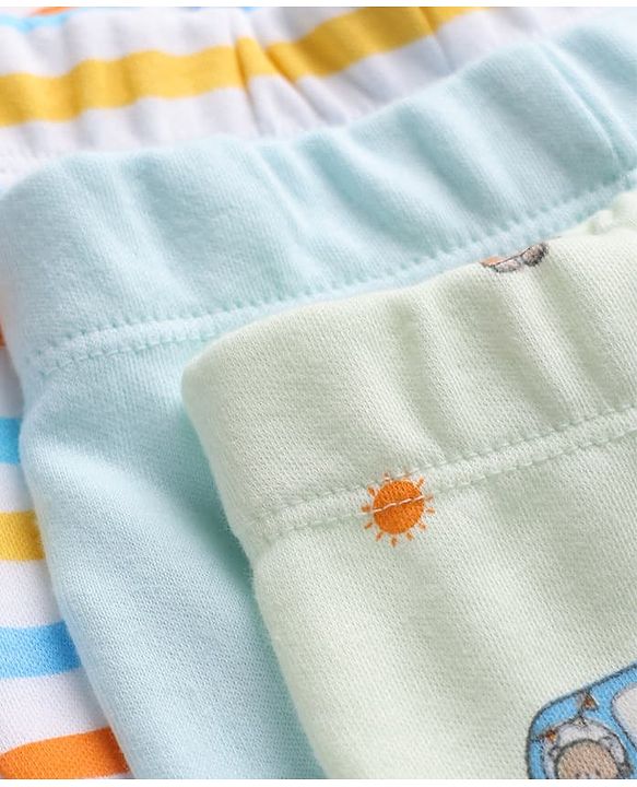 Babyhug 100% Cotton Knit Striped & Bear Printed Bootie Leggings Pack Of 3 - Light Blue White & Orange