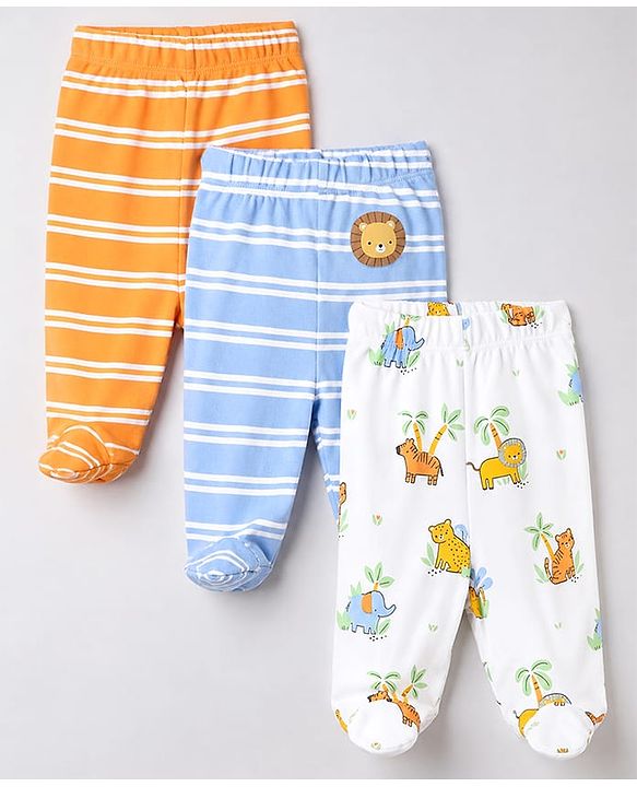 Babyhug 100% Cotton Knit Full Length Striped Bootie Leggings With Animal Print Pack of 3 - Orange