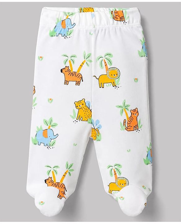 Babyhug 100% Cotton Knit Full Length Striped Bootie Leggings With Animal Print Pack of 3 - Orange