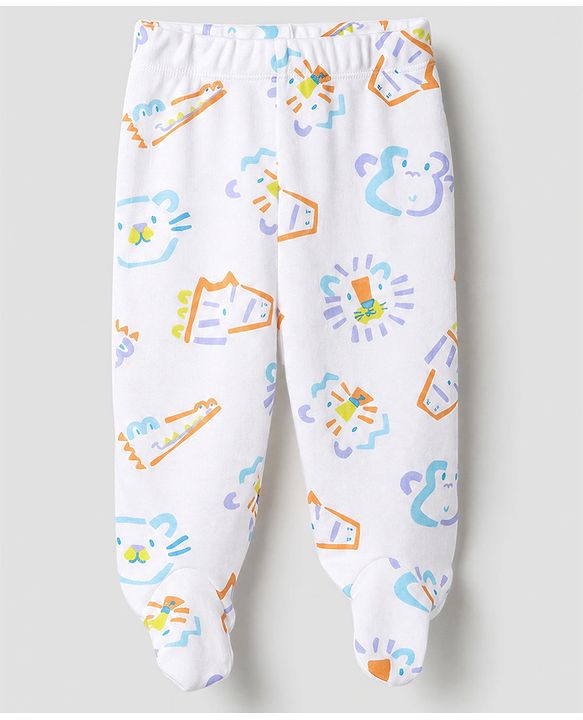 Babyhug 100% Cotton Knit Bootie Leggings with Animal , Star & Text Print Pack of 3 - White , Green & Violet