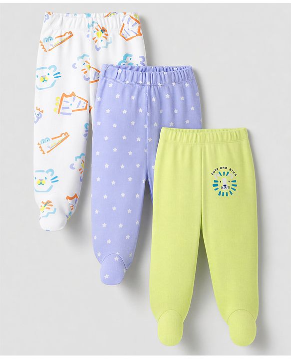 Babyhug 100% Cotton Knit Bootie Leggings with Animal , Star & Text Print Pack of 3 - White , Green & Violet