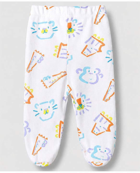 Babyhug 100% Cotton Knit Bootie Leggings with Animal , Star & Text Print Pack of 3 - White , Green & Violet