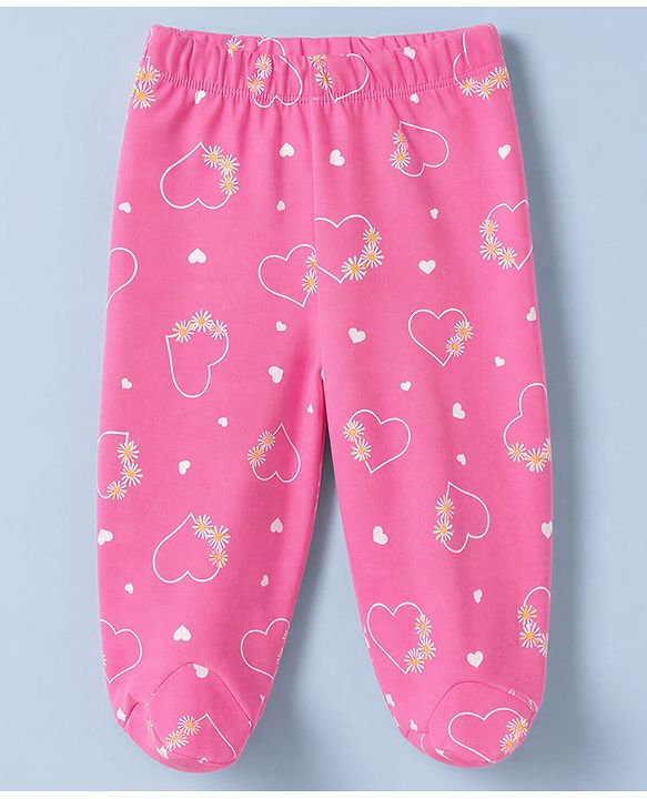 Babyhug 100% Cotton Knit Full Length Hearts & Floral Printed Bootie Leggings Pack Of 3 - Pink Navy Blue & Yellow