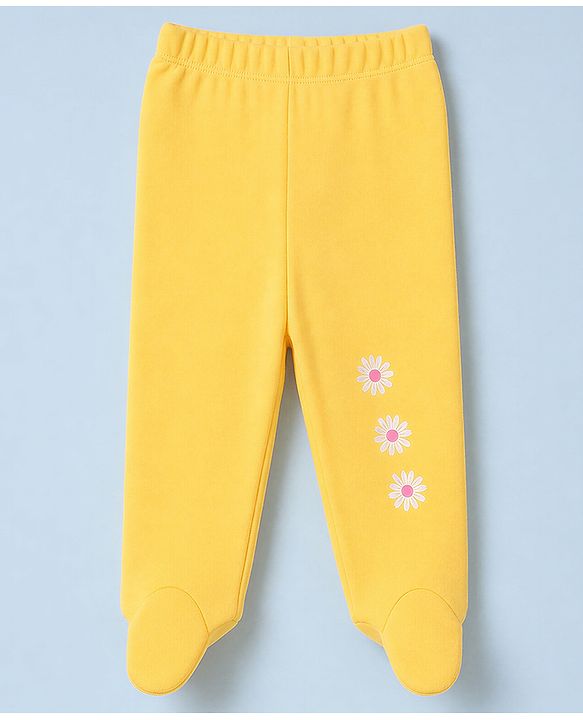 Babyhug 100% Cotton Knit Full Length Hearts & Floral Printed Bootie Leggings Pack Of 3 - Pink Navy Blue & Yellow