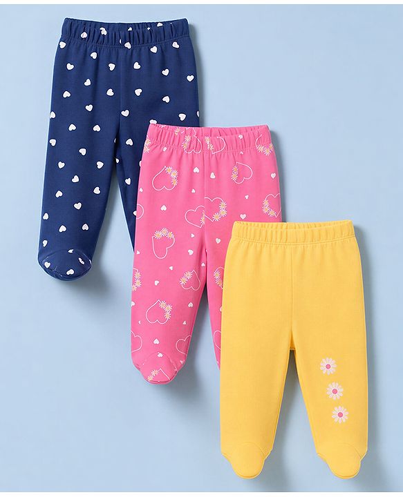 Babyhug 100% Cotton Knit Full Length Hearts & Floral Printed Bootie Leggings Pack Of 3 - Pink Navy Blue & Yellow