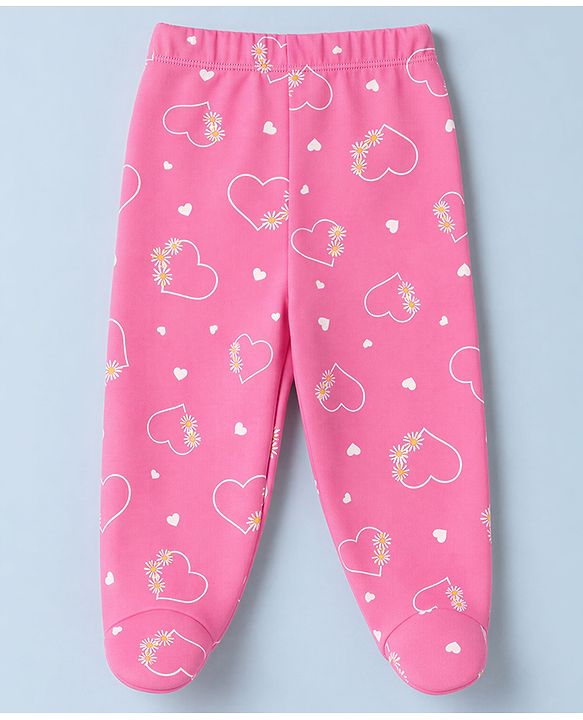 Babyhug 100% Cotton Knit Full Length Hearts & Floral Printed Bootie Leggings Pack Of 3 - Pink Navy Blue & Yellow