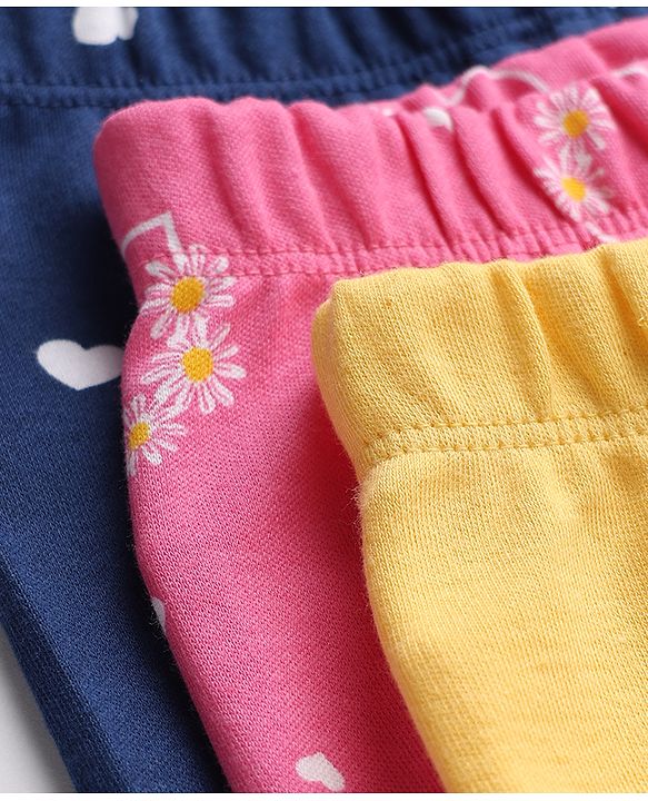 Babyhug 100% Cotton Knit Full Length Hearts & Floral Printed Bootie Leggings Pack Of 3 - Pink Navy Blue & Yellow