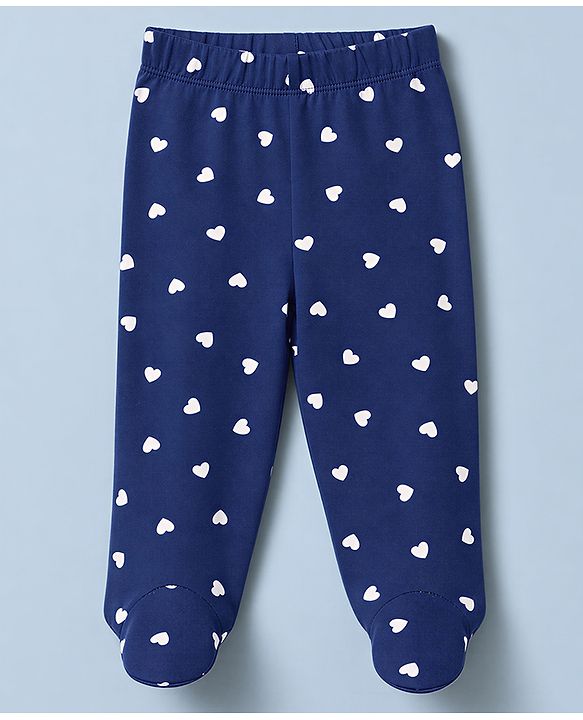 Babyhug 100% Cotton Knit Full Length Hearts & Floral Printed Bootie Leggings Pack Of 3 - Pink Navy Blue & Yellow