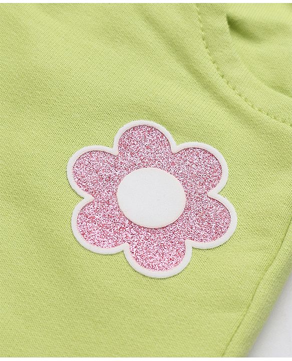 Babyhug Cotton Looper Knit Jogger Fit Full Length Track Pant with Flower Patch in Lime Green