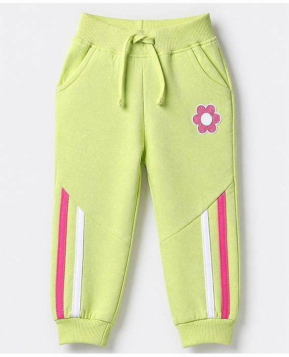 Babyhug Cotton Looper Knit Jogger Fit Full Length Track Pant with Flower Patch in Lime Green