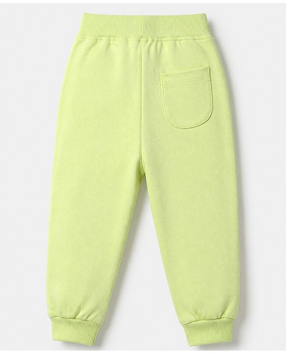 Babyhug Cotton Looper Knit Jogger Fit Full Length Track Pant with Flower Patch in Lime Green