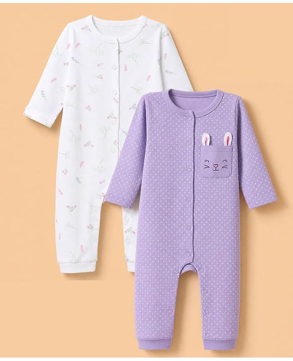 Babyhug Interlock Knit 100% Cotton Full Sleeves With Floral & Polka Dot Print Rompers Pack of 2 - White & Purple