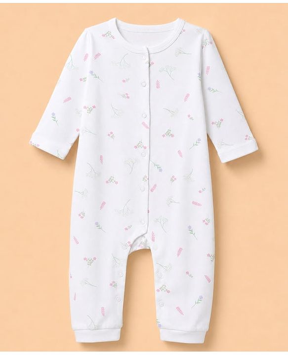 Babyhug Interlock Knit 100% Cotton Full Sleeves With Floral & Polka Dot Print Rompers Pack of 2 - White & Purple