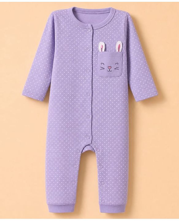 Babyhug Interlock Knit 100% Cotton Full Sleeves With Floral & Polka Dot Print Rompers Pack of 2 - White & Purple