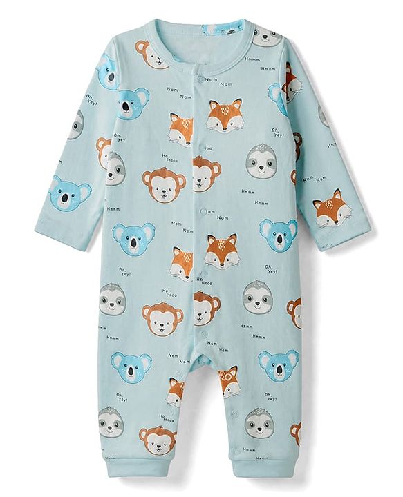 Babyhug 100% Cotton Interlock Knit Full Sleeves Striped Rompers With Animal Print Pack of 2 - Peach & Blue